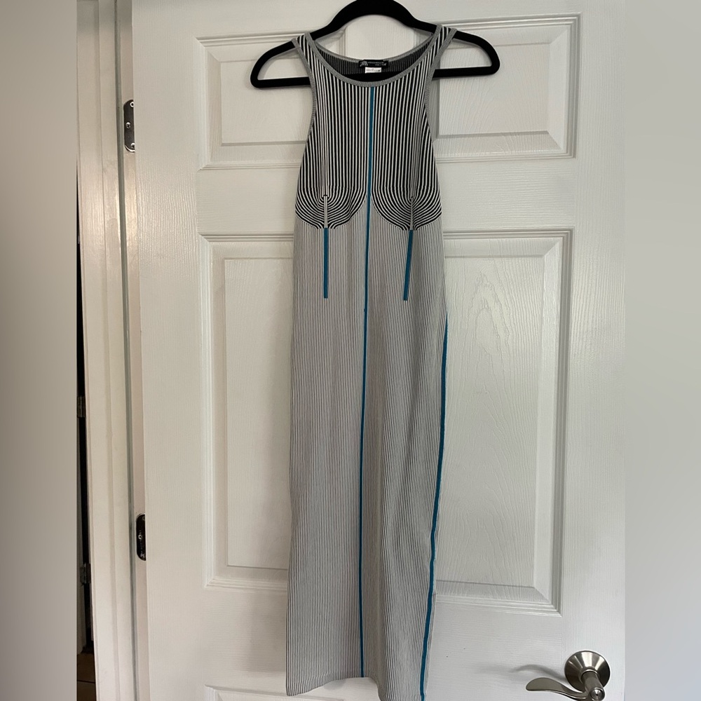 Striped Midi Dress - Gray and Blue